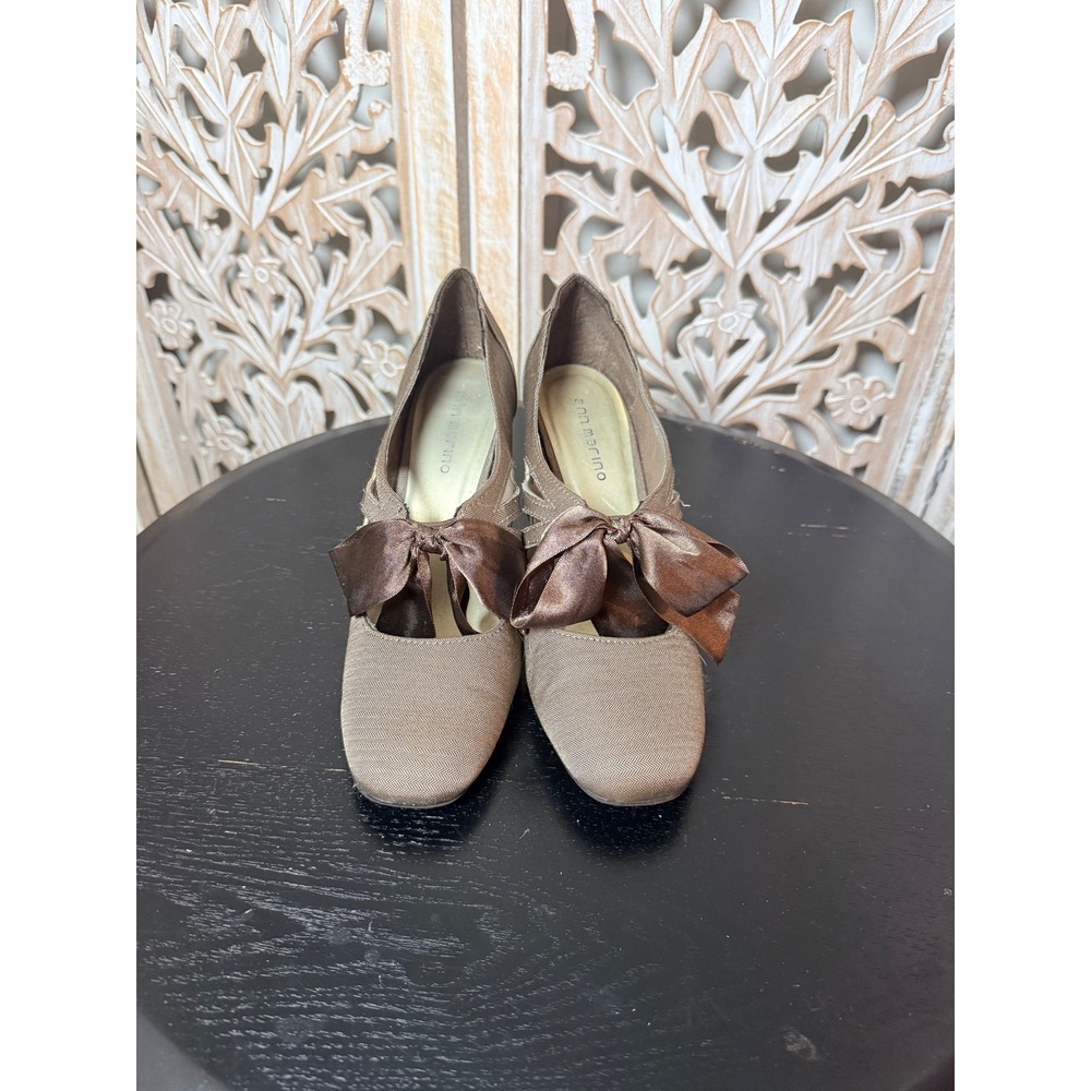 Ann Marino Brown Herringbone Bow Cutout Pumps Heels Size 8.5M